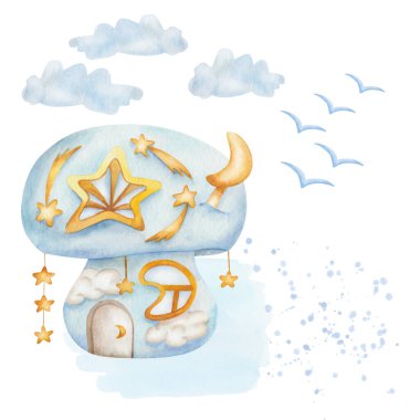 Camları, sarı yıldızları, ayı, bulutları, gökyüzü gibi kuşları olan mavi mantarlı evin suluboya çizimi. Şampiyon kulübesi. Mantar kulübesi. Tekstil, çıkartma ve kart için izole orman klipsi sanatı