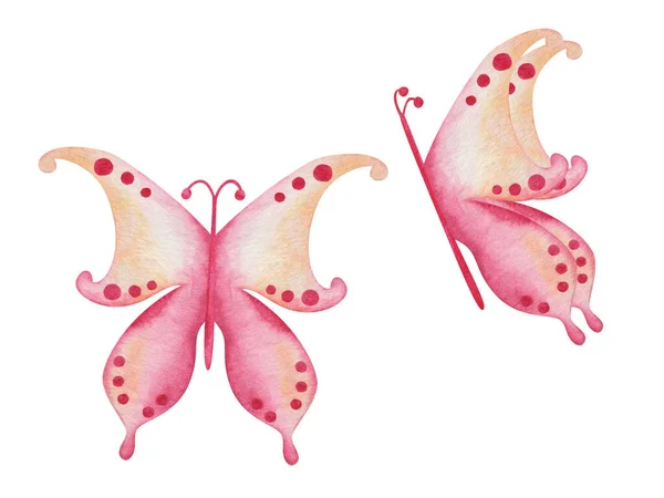 Ilustração Aquarela Rosa Pintado Mão Borboleta Amarela Com Asas Estendidas — Fotografia de Stock