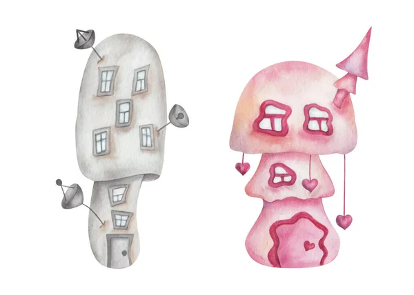 Akwarela Ilustracja Ręcznie Malowane Szare Różowe Grzyby Domy Oknami Drzwi — Zdjęcie stockowe