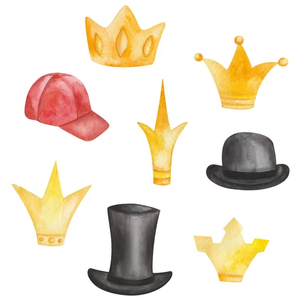 Akwarela Ilustracja Ręcznie Malowane Złote Korony Dla Królowych Królów Czarny — Zdjęcie stockowe