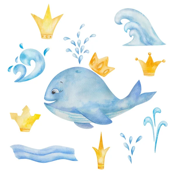 Watercolor illustration of hand painted blue whale, golden crowns, splash of water, waves. Cartoon dolphin with face, smile. Sea animal, ocean life. Isolated clip art for children fabric print, card
