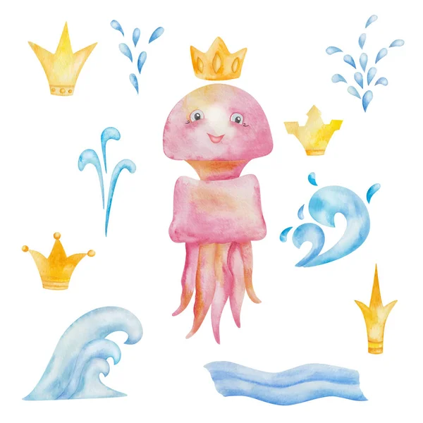 Watercolor illustration of hand painted pink jellyfish, golden crowns, splash of water, waves. Cartoon sea animal creature with face, smile. Ocean life. Isolated clip art for children fabric print