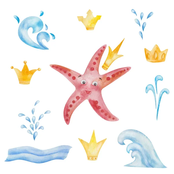 Акварельная Иллюстрация Ручной Росписи Красная Пятипалая Морская Звезда Золотые Короны — стоковое фото