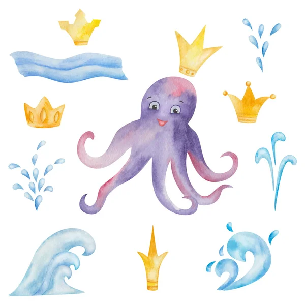 Aquarel Illustratie Van Hand Geschilderde Violette Octopus Met Tentakels Gouden — Stockfoto