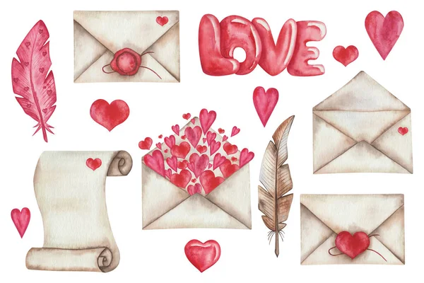 Watercolor Illustration Hand Painted Parchment Envelopes Red Hearts Feather Quills — Stock Photo, Image