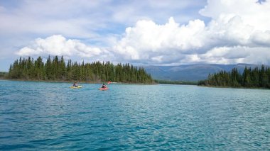 kayaking across a lake with forest in background