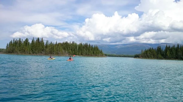 kayaking across a lake with forest in background