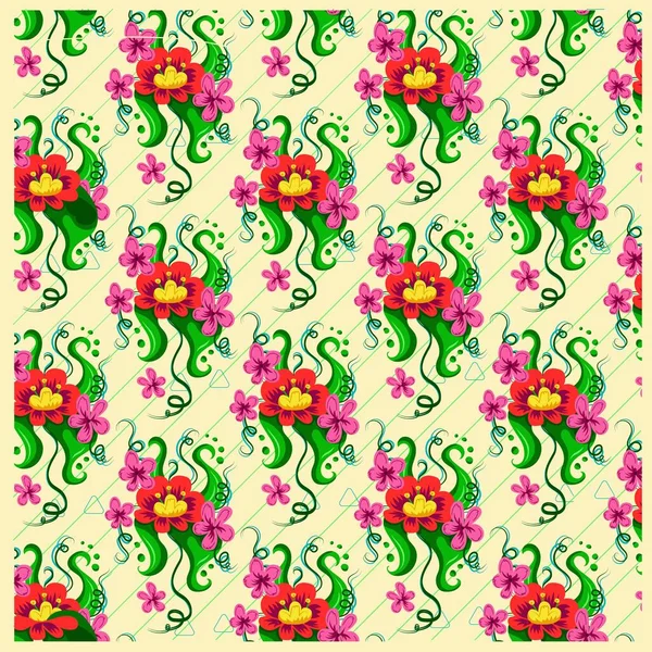Elegant floral pattern with hand-drawn flowers with curls, waves, lines. Bright colorful illustration for wallpaper, background, fabric, wrapping paper, sketchbook, digital paper