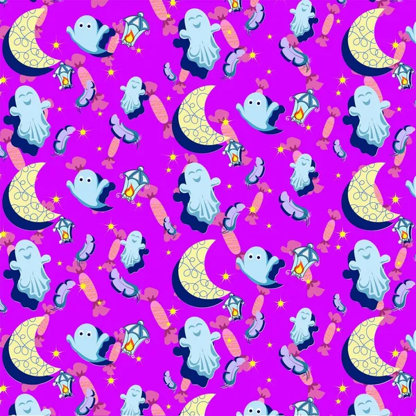 Seamless repeating pattern for Halloween. Doodle, cartoon, hand-drawn color. Design for postcards, digital paper, wallpaper, background, textiles, fabric, poster.