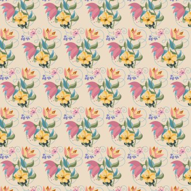 Kusursuz çiçek desenleri, soyut çiçekler, yeşil yapraklar ve bej renkli arka planda kıvrımlar. Kumaş, tekstil, dijital kağıt, arkaplan, çarşaf, eskiz defteri, duvar kağıdı için tasarım.