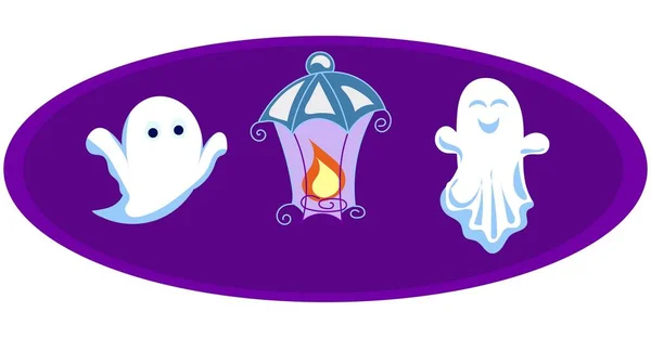 Set Pintado Para Halloween Fantasma Una Linterna Ardiente Elemento Aislado — Vector de stock