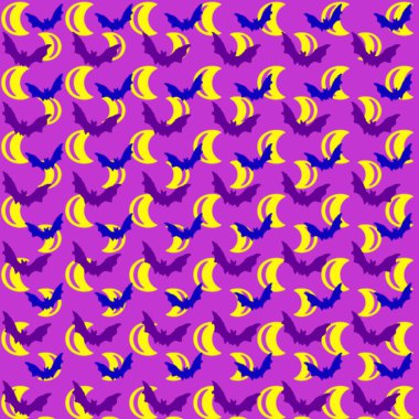 Pırıl pırıl mor bir arka planda, ay ve yarasa desenli kusursuz bir Cadılar Bayramı.