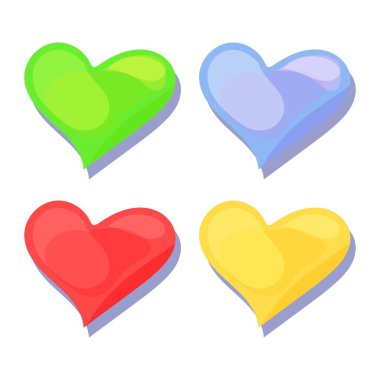 Kırmızı, sarı, mavi ve yeşil kalp koleksiyonu. Simgeler, kartpostal dekorasyonu, desenler, logo, rosto, davetiyeler, etiket, rozet, kağıt kesme, afiş için ayrı öğeler.