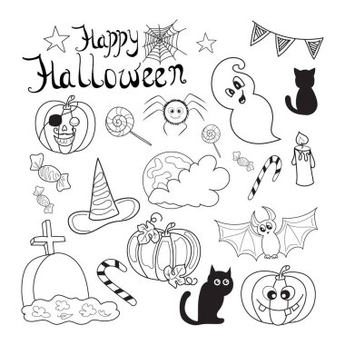 Cadılar Bayramı için siyah beyaz çizimler koleksiyonu. El yapımı bireysel elementler. Örümcek ağı, örümcek, hayalet, mum, mezar, anıt, kara kedi, yarasa, balkabağı, yıldızlar, dolunay, şeker.