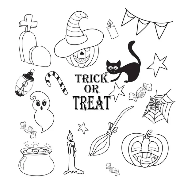 Colección Dibujos Blanco Negro Para Halloween Elementos Individuales Elaborados Mano — Vector de stock