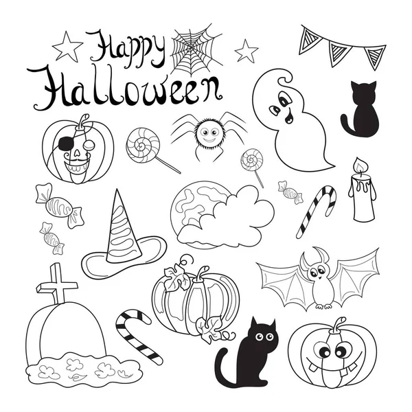 Sammlung Von Schwarz Weiß Zeichnungen Für Halloween Handgezeichnete Einzelteile Spinnennetz — Stockvektor