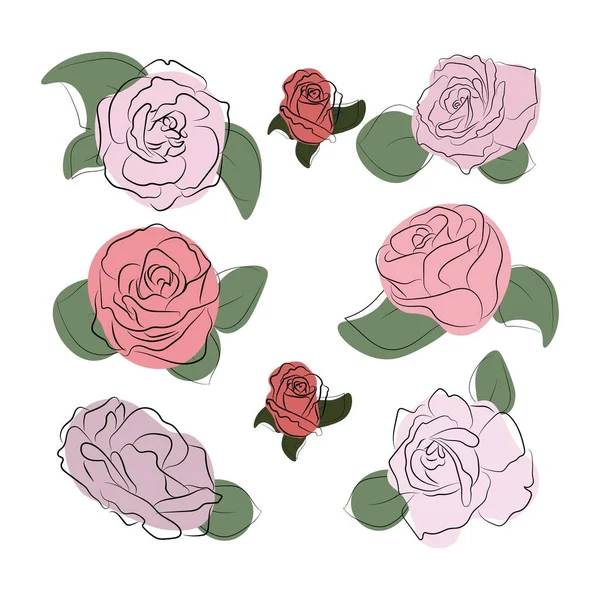 Set Flowers Style Line Art Color Spots Vector Illustration Pink — Stock Vector