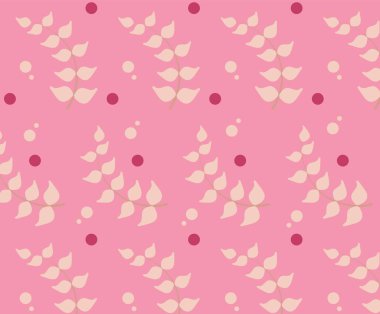 Eğreltiotu yaprakları kusursuz bir karalama şekli oluşturuyor. Pembe renkli arka plan. Rastgele yaprak izi. Mevsimlik tekstil baskıları, kumaşlar, afişler, arka planlar ve duvar kağıtları için vektör illüstrasyonu.       .   .   .    