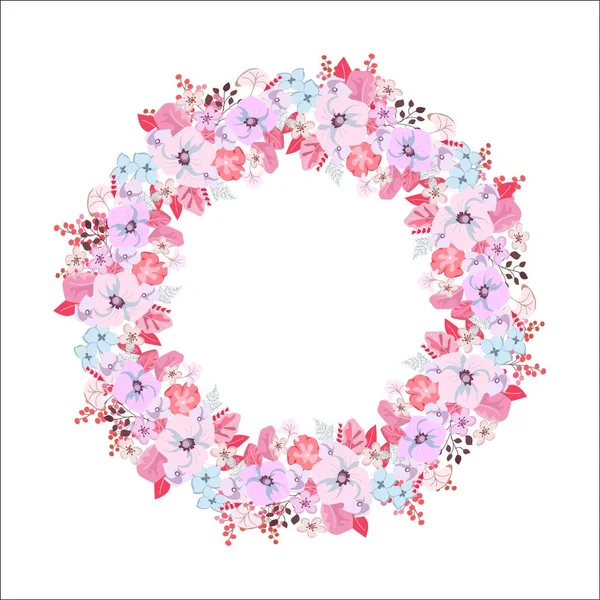 Aranyos Virágos Keret Díszített Elvont Finom Rózsaszín Virágok Levelek Fehér — Stock Vector