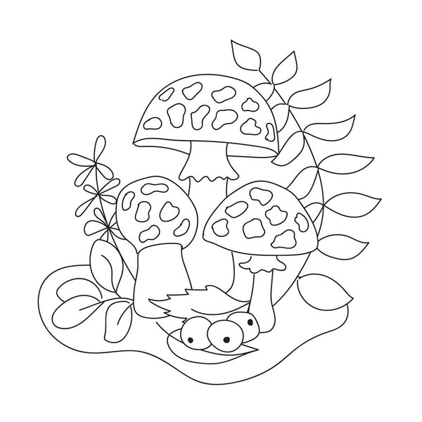 Edible and poisonous mushrooms with grass and leaves, painted by black liner in hands. Idea for learning, coloring, poster and children's art.  Black and white hand drawing.