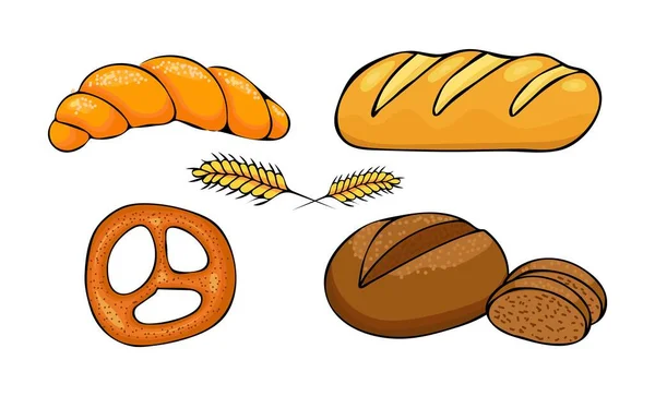 Brotset Handgezeichnet Retro Stil Flache Doodle Illustration Von Verschiedenfarbigem Brot — Stockvektor