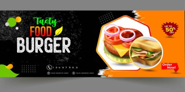 Gıda Şablonu ve Restoran Web Afişi, Dijital Burger gıda afişi tasarımı, Gıda Tasarım Sancağı, Fast Food dijital şablonu, Vektör Şablonu tasarımı, sosyal medya yemek kapağı tasarımı.