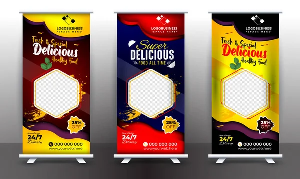 Alimentos Restaurante Roll Banner Design Standee Food Design Banner Fast — Vector de stock