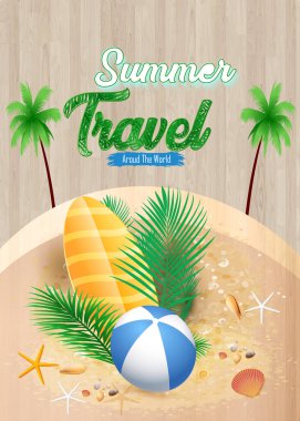 Merhaba yaz tatili temalı yatay afiş, Hi Summer tatil tatili afişi, renkli tropikal deniz manzarası çizimi, Sıcak Yaz Satış Şablonu. Yaz indirimi afişi 3 boyutlu ürün tanıtımı.
