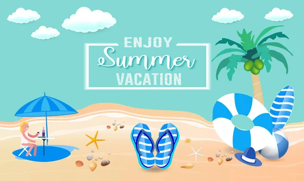 Hello summer holiday beach vacation theme horizontal banner, Hi Summer vacation traveling poster, Colorful tropical sea beach Landscape illustration, Hot Summer sale Template. Summer sale banner template promotion with product 3d Product display.