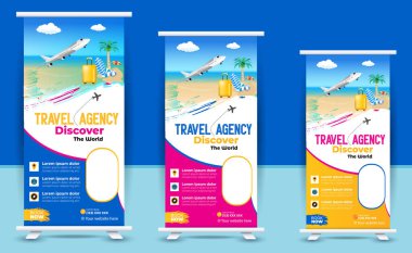 Travel Business agency Roll Up Template. Truism Standee Design Banner. Corporate digital Roll Up Banner. Vector x Banner, Holiday x-stand Banner. Company Tours Vacation exhibition display template. clipart