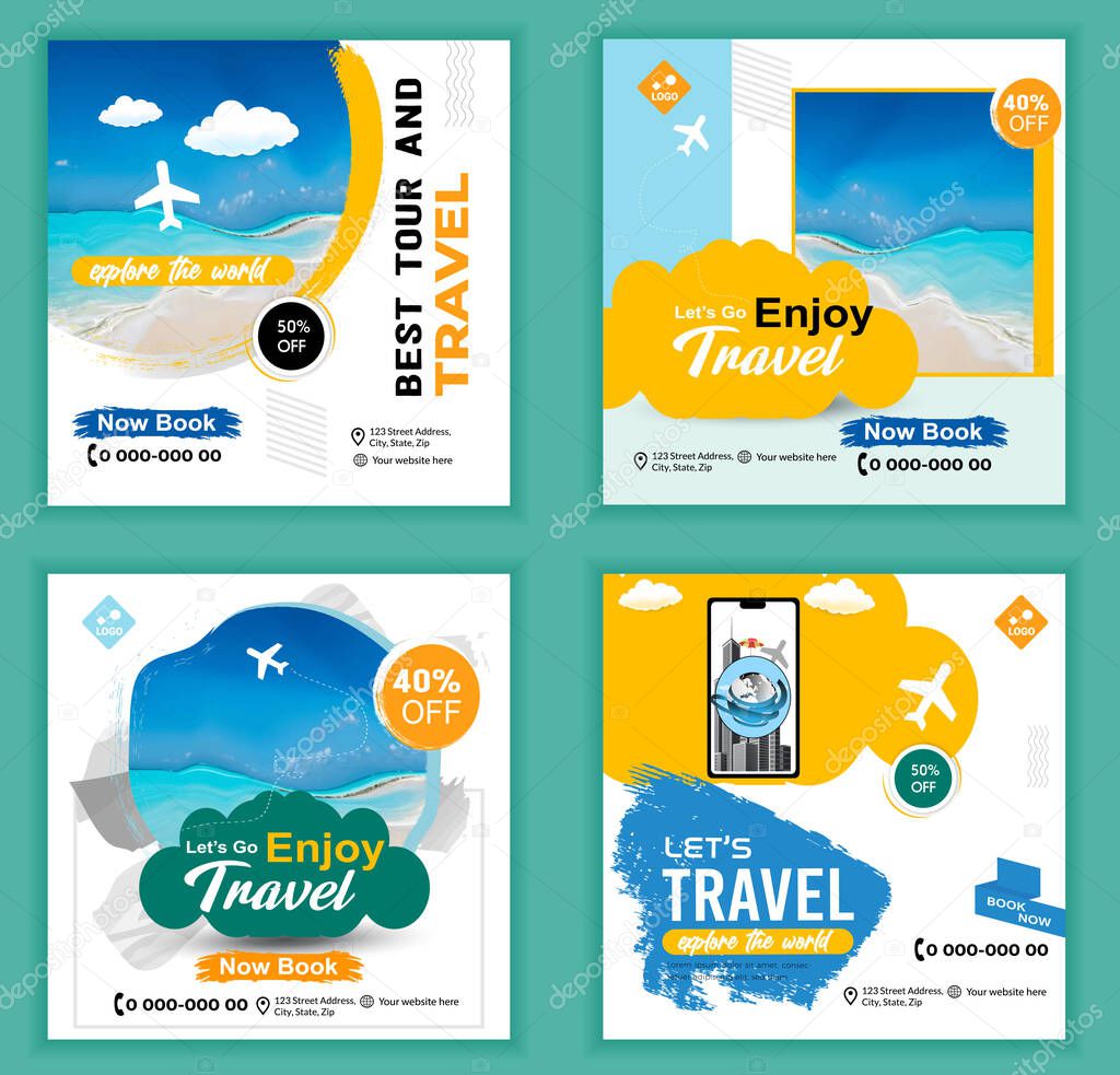 Social media Travel and tours ad design. Enjoy Holiday Adventure Template. social media post template. Travel agency Poster. Truism Vacation Discount Banner.