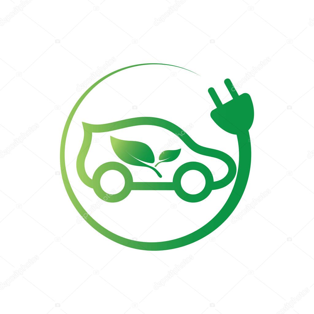 environmentally friendly car logo design and electric car technology, a green color combination, there are also plug and lightning elements