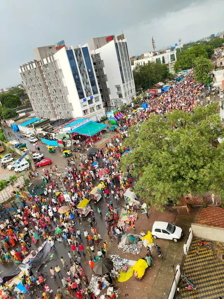 Indian urban street view with crowd.
