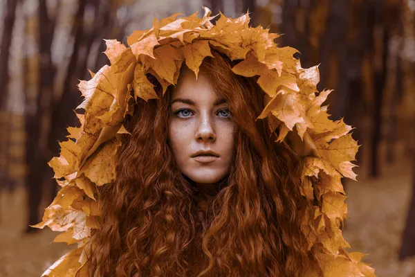 Ormanda Yaprak Pelerinli Bir Sonbahar Kadar Güzel Bir Kızıl Kız — Stok fotoğraf