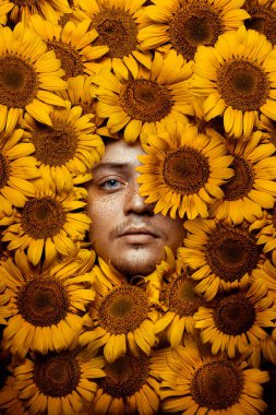 Beautiful man portrait with sunflowers