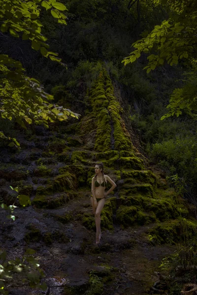 Beautiful Woman Moss Waterfall — Photo