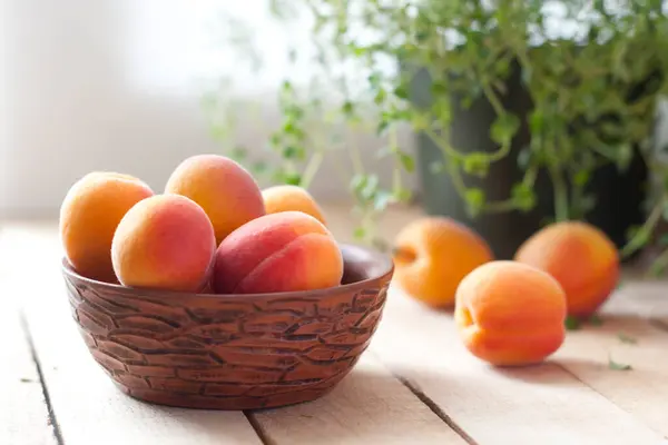 Apricots Ceramic Cup Wooden Table Selective Focus — Stockfoto