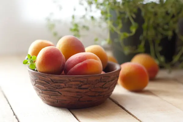Apricots Ceramic Cup Wooden Table Selective Focus — Stockfoto