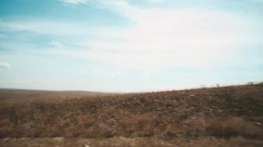 Yellow fields. Dry grass, view from the car. The camera moves to the left. 4K