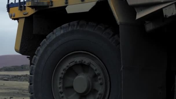 Huge Dump Truck Transports Ore Soil Close Shot Wheel Body — Stockvideo