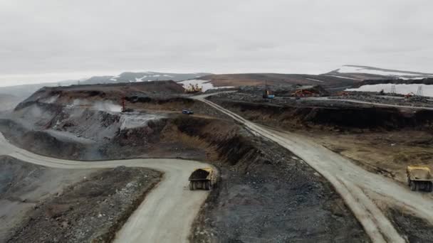 Dump Truck Driving Quarry Production Machines Distance View Drone Quarry — Stock Video