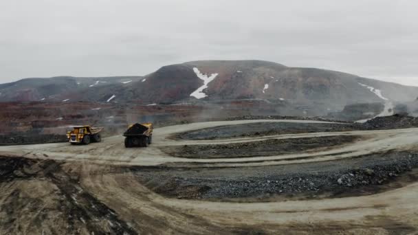 Huge Dump Trucks Loaded Ore Drive Top Quarry Extraction Ore — Video