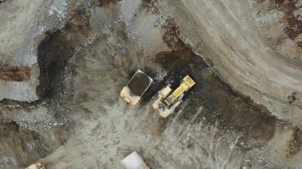 Yellow Excavator Quarry Next Heavy Truck View Drone Vertical Panorama — Wideo stockowe