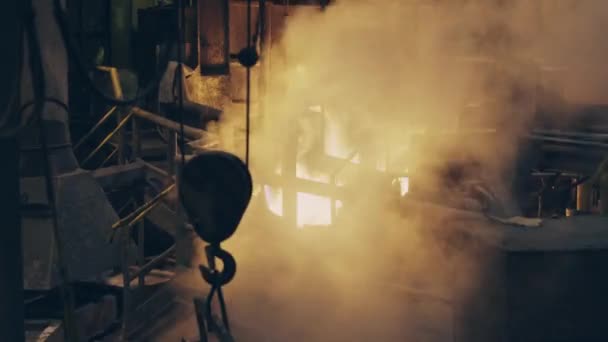 Steel Plant Bright Flame Burns Smoke Coming Out Hook Hangs — Video Stock