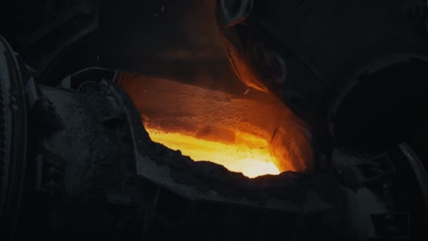 Close Metallurgical Ladle Furnace Sparks Splatter Bright Molten Metal Furnace — Stock video