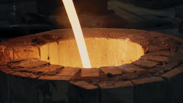 Stream Molten Metal Flows Melting Furnace Steam Sparks Fly Out — Stock videók