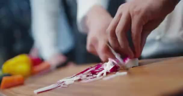 Close Cook Hands Quickly Slicing Onions Cutting Board Another Cook — 비디오