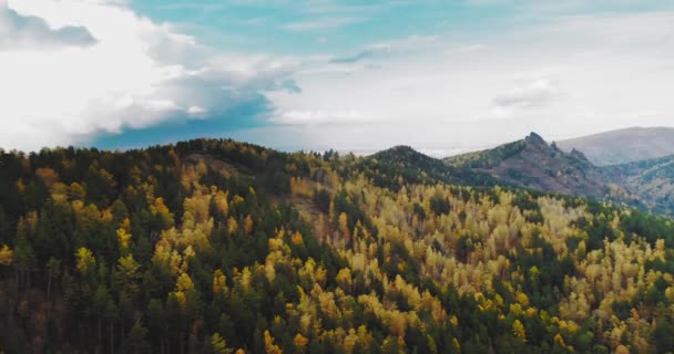Colorful Trees Hills Mountains Dense Woods Cloudy Sky City Distance — Stockvideo