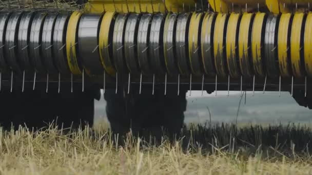 Close Header Reel Combine Harvester Harvester Motion Wheat Field Green — Stockvideo
