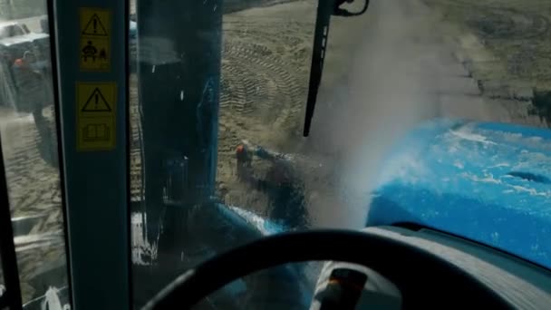 Washing Blue Tractor Pressure Washer View Tractor Cab Shot Slow — Stock Video